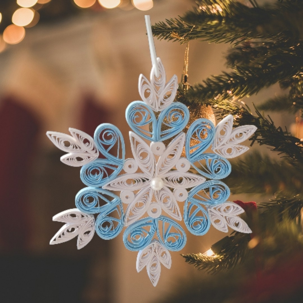 Christmas Snowflake Ornament Handmade Quilled Blue And White Lace Pattern NEW